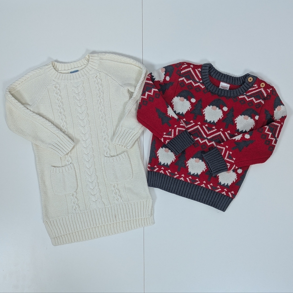 Baby Gap Cream Knit Sweater Dress and Red Gnome Sweater Bundle 3T